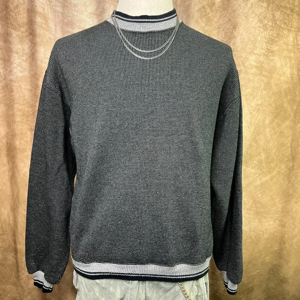 Vintage Waffle Knit Sweater 90s Gray Long Sleeve Pullover Crewneck Sweatshirt